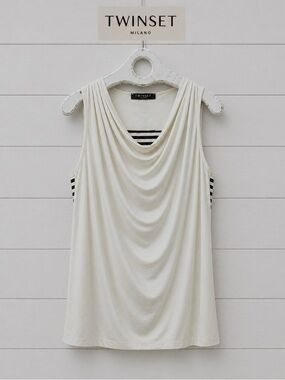 TWIN-SET SIMONA BARBIERI – Ivory & Black Striped Drape-Front Top – Size L